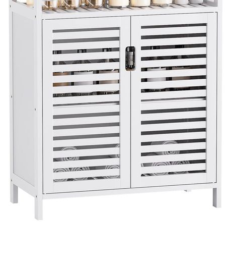 Bathroom Floor Storage Cabinet, Freestanding Bamboo Side Storage Organizer with Double Doors and Open Shelves, Space Saving Small Kitchen Cupboard, Whit