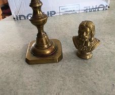 2 BRASS ITMEES-1- Primitive Antique Early Country Brass Push Up 9.5 INCHES Candlestick55.00 euro. 2- Brass Oliver Plunkett Tapper or papper wighte 60.00 euro.