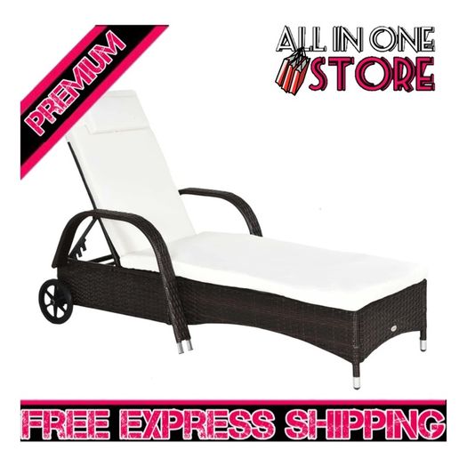 Garden Rattan Furniture Single Sun Lounger Recliner Bed Reclining Chair Patio Outdoor Wicker Weave Adjustable Headrest with Fire Retardant Cushion (FREE SHIPPING)