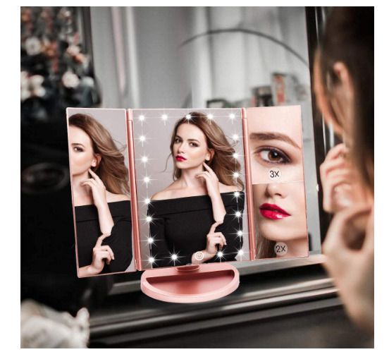 Illuminated Makeup Mirror, Trifold Vanity Mirror with 1X / 2X / 3X Magnification, Natural Looking LEDs, Touch Screen, Rechargeable Mirror