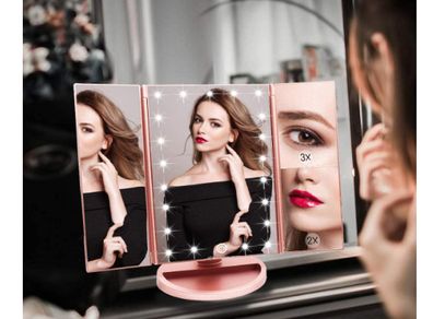 Illuminated Makeup Mirror, Trifold Vanity Mirror with 1X / 2X / 3X Magnification, Natural Looking LEDs, Touch Screen, Rechargeable Mirror