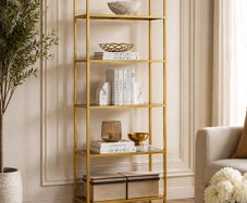Glass Display Shelf 6 Tier Gold Metal Bookcase Tempered Glass Storage Unit