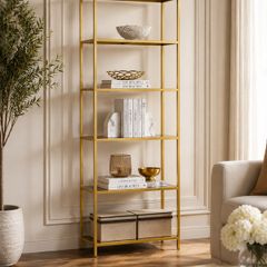 Glass Display Shelf 6 Tier Gold Metal Bookcase Tempered Glass Storage Unit
