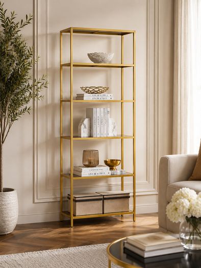 Glass Display Shelf 6 Tier Gold Metal Bookcase Tempered Glass Storage Unit