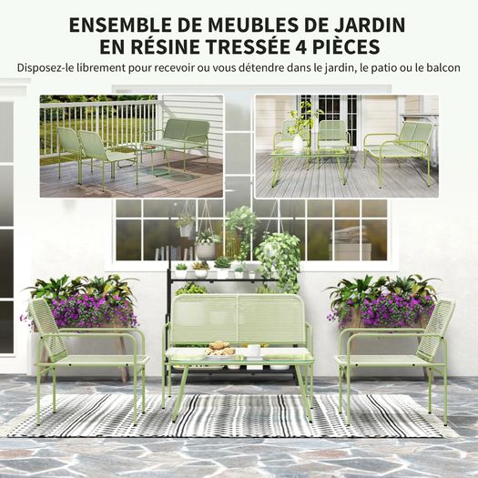 4-Seater Garden Set, 2-Seater Sofa, 2 Chairs, Tempered Glass Table Steel Frame Green