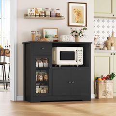 Kitchen Cabinet with Worktop, Sideboard Kitchen with Microwave Shelf, Buffet Cabinet with 1 Drawer, 3 Doors, Adjustable Shelves, for Kitchen, Dining Room, Living Room, Black