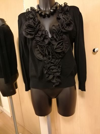 Women's Cardigan Black Organza Floral Trim