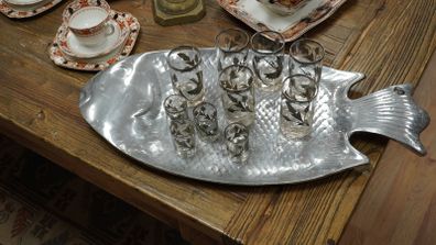 Large Vintage Fish-Shaped Hammered Metal Serving Tray