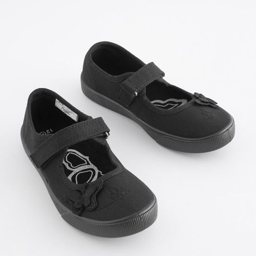 Next Butterfly Embroidered Black Plimsolls Shoes, Junior Size UK 12.5, EUR 31, Standard Fit