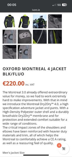 Motorcycle Jacket Oxford Montreal 4 Blk/Fluo Size: Medium