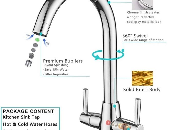 Kitchen Mixer Tap Dual Lever Swivel Spout Chrome Sink Taps (FREE POSTAGE)