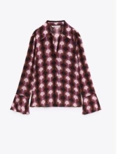 Amazing Zara Insta Famous Bloggers Limited Edition Pink Geo Print 3 Piece Suit, Blazer XL, Blouse XXL and Flare Trousers XL New with Tags