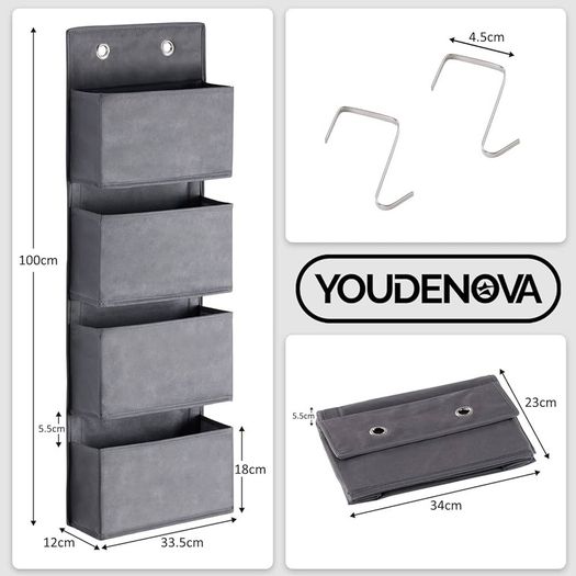 FREE SHIPPING Over Door Storage with 4 Pockets Strong and Durable, Hanging Wardrobe Storage Organiser Practical and Spacious, Hanging Storage With 2 Metal Hooks for Bathroom Office Bedroom Grey
