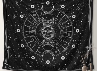 Tapestry for Bedroom Aesthetic, Sun Moon Star Large Astrology Wall Hanging, Black White Psychedelic Room Decorations (130x150cm)