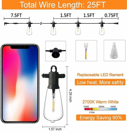 Outdoor LED String Lights Mains Powered, 25FT ST38 Garden String Lights, 12+1Pcs Vintage Bulbs(1 Spare), Waterproof IP65 Patio Festoon Lights for Backyard (25FT, 50FT AVAILABLE)