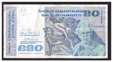 1991 Ireland IR20 William Butler Yeats Banknote Series B. Note issued 24/01/91. Serial number JGD364875