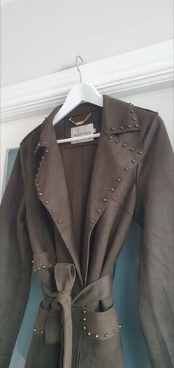 MADISON khaki midi length coat with stud detail open front with tie Sz L (12-16 UK) - Rrp 289 (New)
