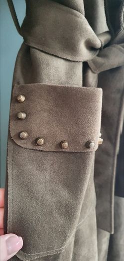 MADISON khaki midi length coat with stud detail open front with tie Sz L (12-16 UK) - Rrp 289 (New)