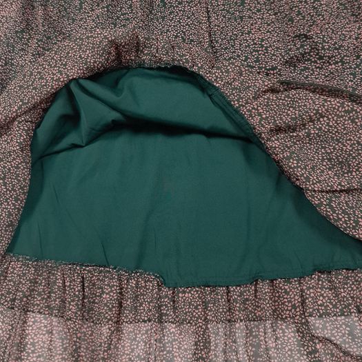 YAS Dark Green Pink Floral Tiered Frill Neck Midi Dress 14UK/42EU