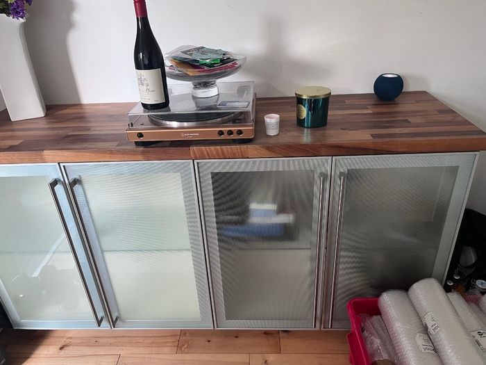 Walnut top sideboard with glass shelves 169 (L) x 47.5cm (W)
