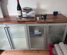 Walnut top sideboard with glass shelves 169 (L) x 47.5cm (W)