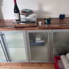 Walnut top sideboard with glass shelves 169 (L) x 47.5cm (W)