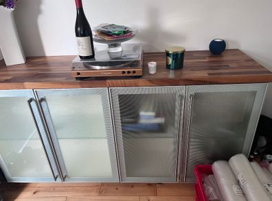 Walnut top sideboard with glass shelves 169 (L) x 47.5cm (W)