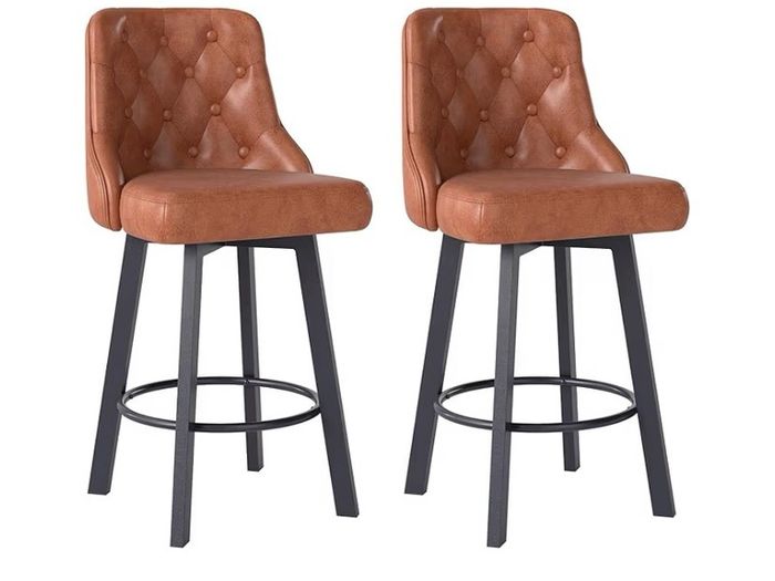 Bar Stools Set of 2, Waterproof PU Leather Bar Stool, 360 Rotating Breakfast Bar Stools with Footrest, Seat Height 66.5 cm, Load Capacity 150 kg, Brown