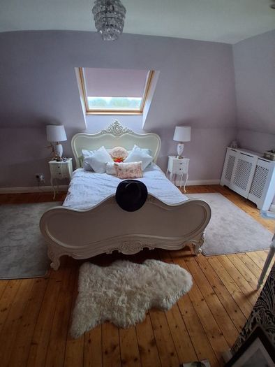 french chateau bed, beside table, vanity
