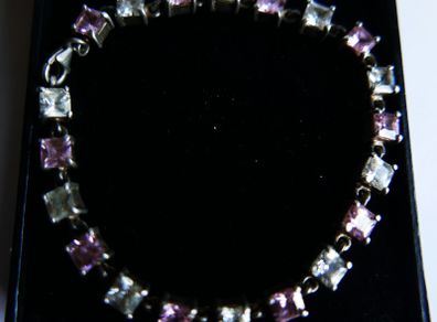 Vintage 925 Sterling Silver Pink Crystal Tennis Style Bracelet length 7,7" - 17,8g