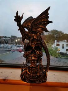 Mythical 18 Inch Black Dragon on Skull Statue - Go