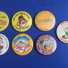 BUTTON BADGES (55mm diameter) - collectible large-size badges from the 1980's and 1990's