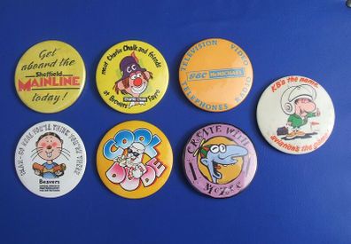 BUTTON BADGES (55mm diameter) - collectible large-size badges from the 1980's and 1990's