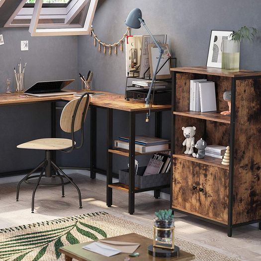 Bookcase, Book Cabinet, Office Shelf, Kitchen Cabinet with 2 Open Compartments, 1 Shelf with Cupboard Doors, Multifunctional, Industrial Design, Vintage brown