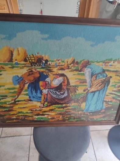 French Vintage Embroidery Picture in a wooden Frame - Women working in the Fields-70s
