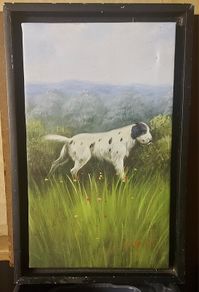 Vintage dog painting in wood frame
