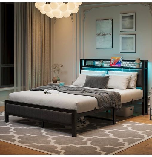 King Size Bed Frame with Upholstered Headboard, Wooden Storage Headboard Shelf, 5ft Upholstered Bed Frame Kingsize with Charging Station/USB Ports and LED Lights (Gray King Bed)