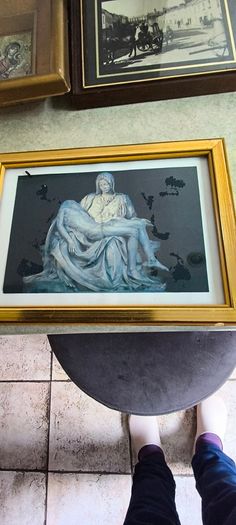 Is 3 pictuer Framed Le Tisserand Jacquard woven silk picture featuring a windmill 30.00 euro , old photo from Charleville, Co. Cork 18 euro, framed Holy post card  Pieta , Love and Honor Jesus 12 euro..