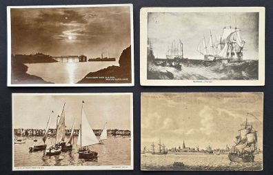 4 Antique Maritime Postcards Moonlight Ships Sailing Boats Turner Style Art c1900