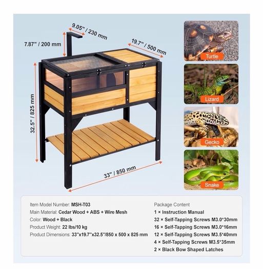Tortoise Habitat, Wooden Tortoise House Indoor & Outdoor, Tortoise Enclosure with Light Stand, Reptile Enclosure Small Animal Cage with Stand Legs for Gecko, Lizard, Snake