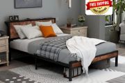 Double Bed Frame with Storage Headboard,Brown 4ft6 Metal Platform Bed frame with Wooden Headboard,Mattress Base,Underbed Storage,No Box Spring Needed