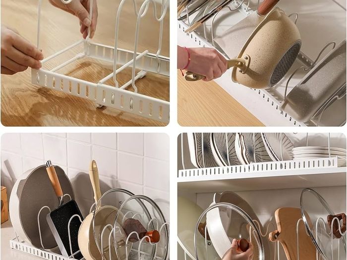 Expandable Pans Organiser Rack, Pan Lid Storage with 10 Adjustable Dividers, Pot Lid Holder, Kitchen Cupboard Organiser (White)
