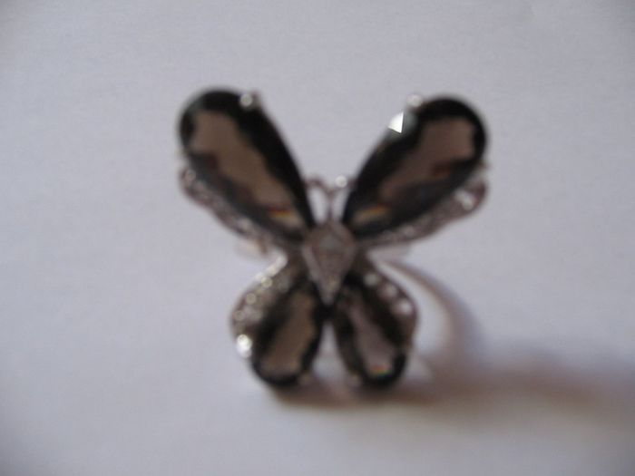 Smoky quartz & topaz silver Butterfly ring