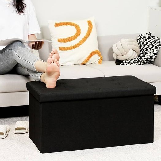Large Folding Balck Ottoman Storage Box with Lid,Linen Footrest Stool Bedroom Bench Seats,Toy Box Chest Living Room Furniture 76x38x38cm