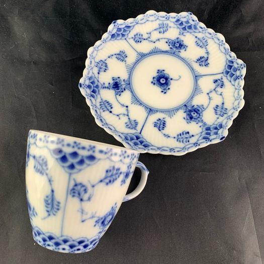 Vintage Royal Copenhagen Blue Fluted Full Lace Demitasse Cup and Saucer