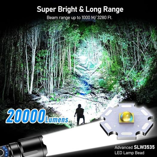 FREE SHIPPING LED Torch, 20000 Lumens Super Bright Torches Led - Adjustable Focus, 5000 mAh, IP67 Waterproof, Powerful Long Lasting Handheld Flashlight for Power Cuts, Camping, Hiking, Emergency