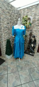 vintage 80s aqua blue green pleated skirt dress with Peter Pan collar size small