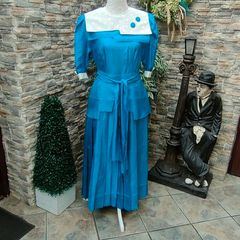vintage 80s aqua blue green pleated skirt dress with Peter Pan collar size small