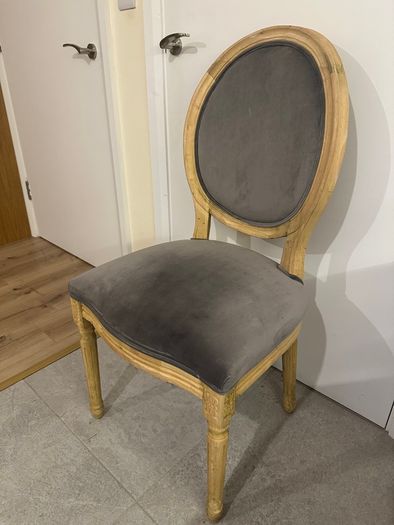 Louis-Style Oval Back Dining Chair, Grey Upholstery, Raw Wood