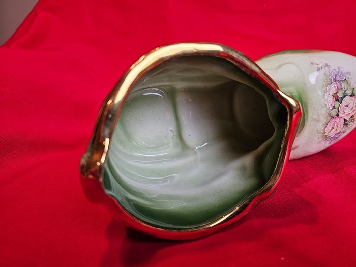 Staffordshire Style Porcelain Boot Vase - Green with Roses ,  Decor or Cactus Planter